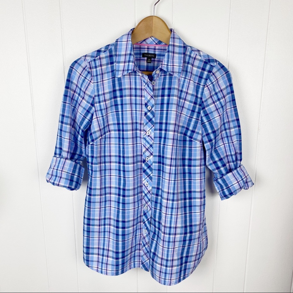 Talbots Pink & Blue Plaid Button Down Shirt XS